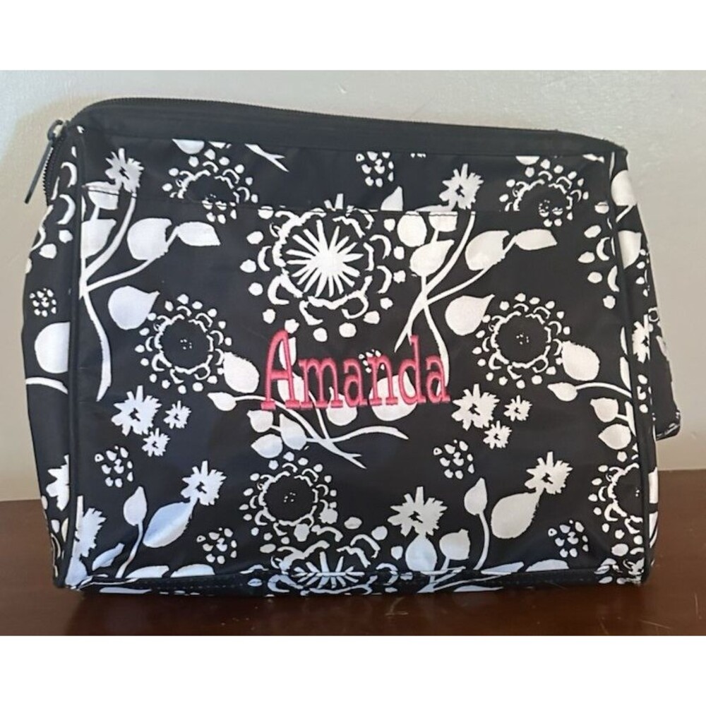 Thirty-One Cosmetic Bag - Black & White Floral Brushstrokes Pockets Vinyl Lining